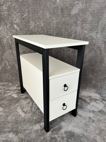 【LA000322】Modern Industrial Style White Nightstand with 2 Drawers