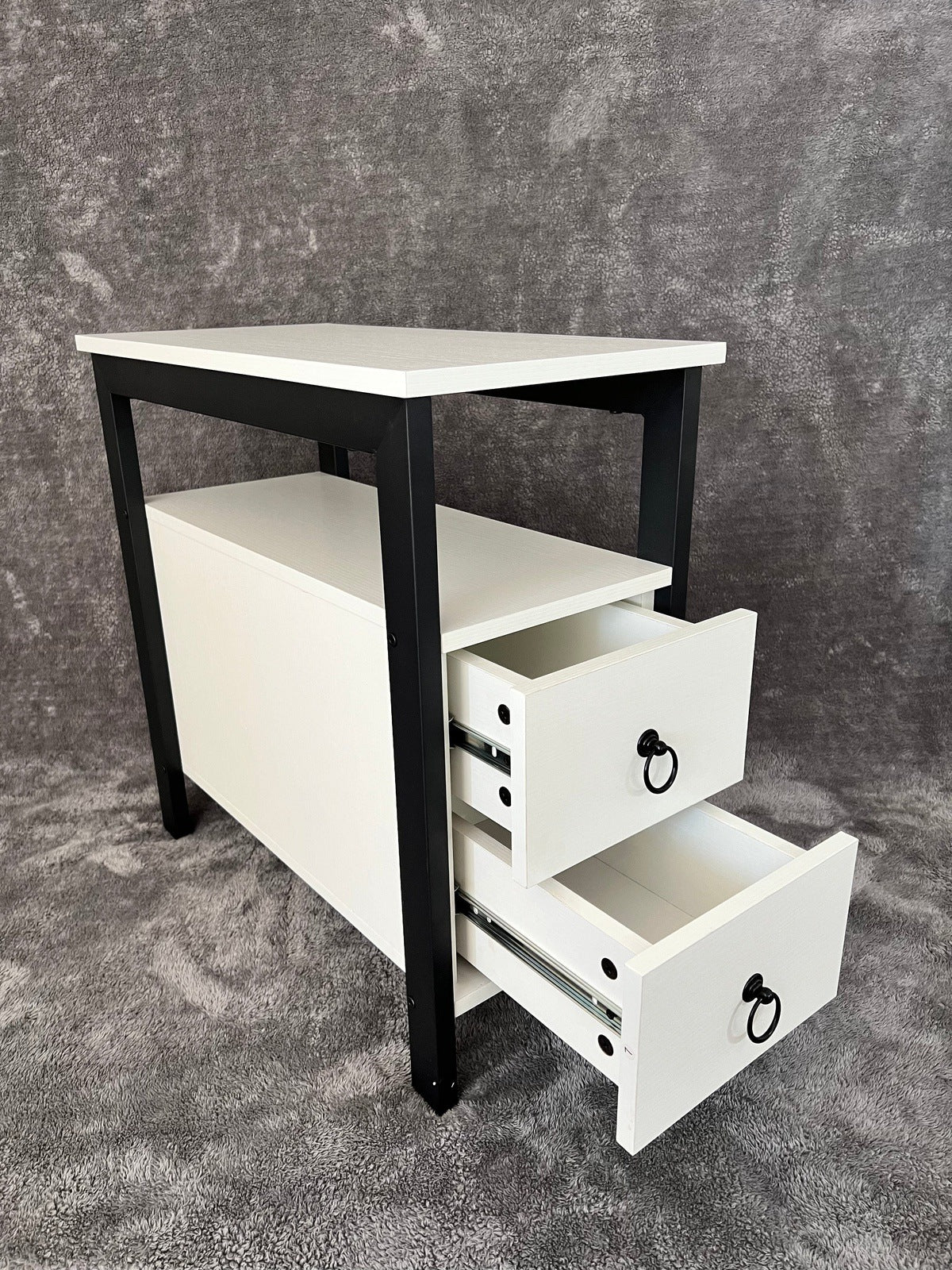 【LA000322】Modern Industrial Style White Nightstand with 2 Drawers